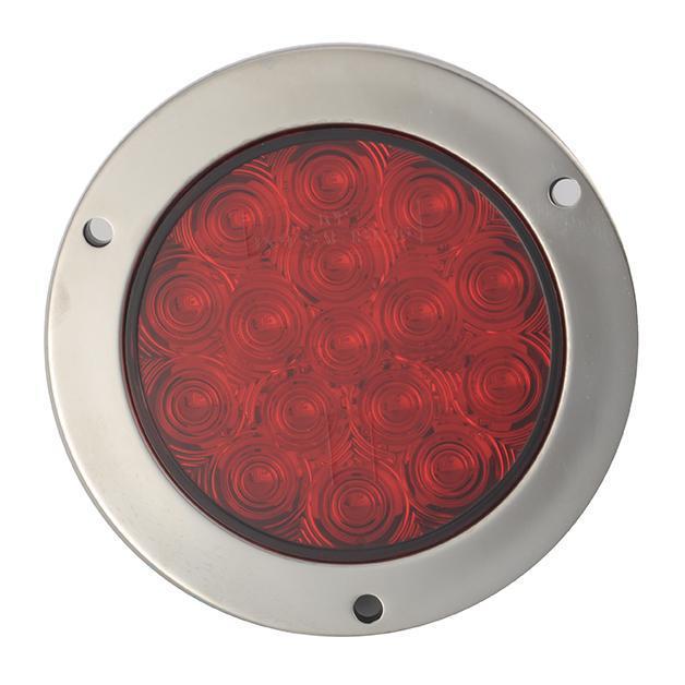 Fortpro 4" Red Round Tail/Stop/Turn Led Light with 16 SQ Leds and Red Lens - Steel Flange Mount, Stainless Steel Ring | F235497