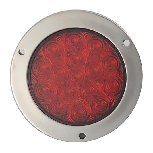 4" Red Round Tail/Stop/Turn Led Light With 16 Sq Leds And Red Lens - Steel Flange Mount, Stainless Steel Ring | F235497