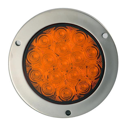 4" Amber Round Tail/Turn Led Light With 16 Sq Leds And Amber Lens - Steel Flange Mount, Stainless Steel Ring | F235498