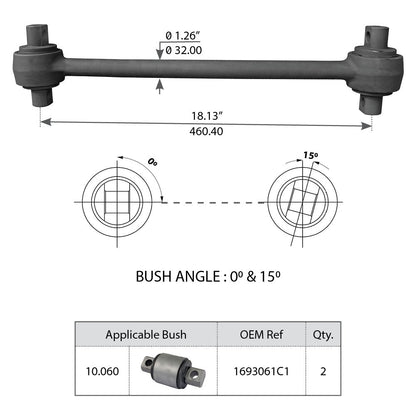 Fortpro Torque Rod with Bushing for International-Navistar Rear Corporate Trucks Replaces 493920C2 | F306910